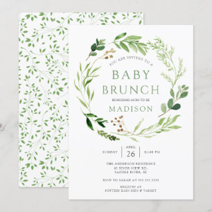 Invitación de brunch a bebé de hojas verdes botáni