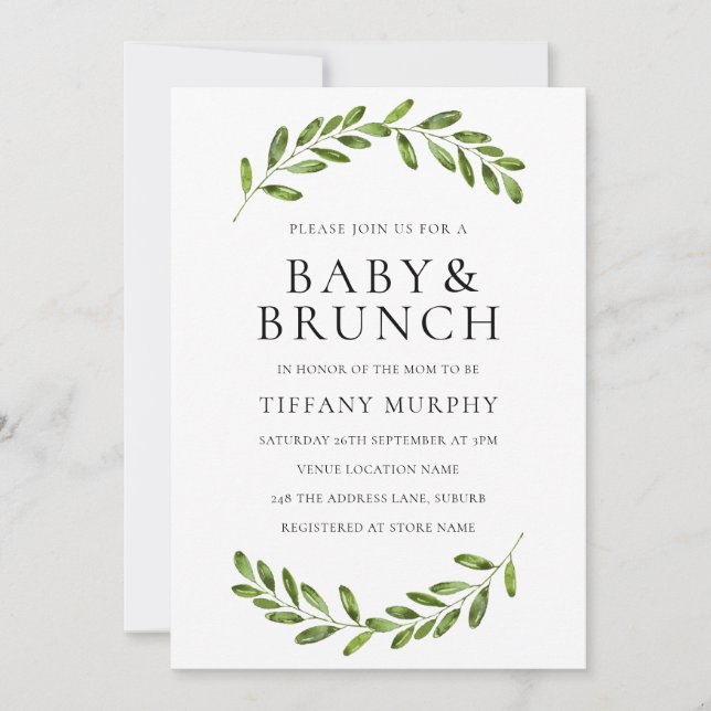 Invitación de brunch Baby Shower Wreath de hojas m (Anverso)