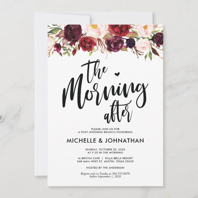 Invitación de brunch Boda de Burgundy Floral Post (Anverso)