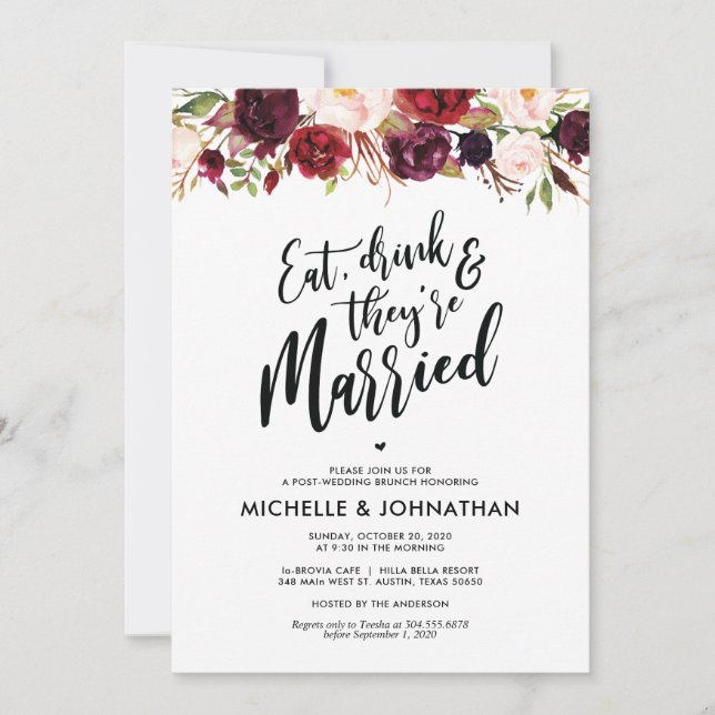 Invitación de brunch Boda de Burgundy Floral Post (Anverso)