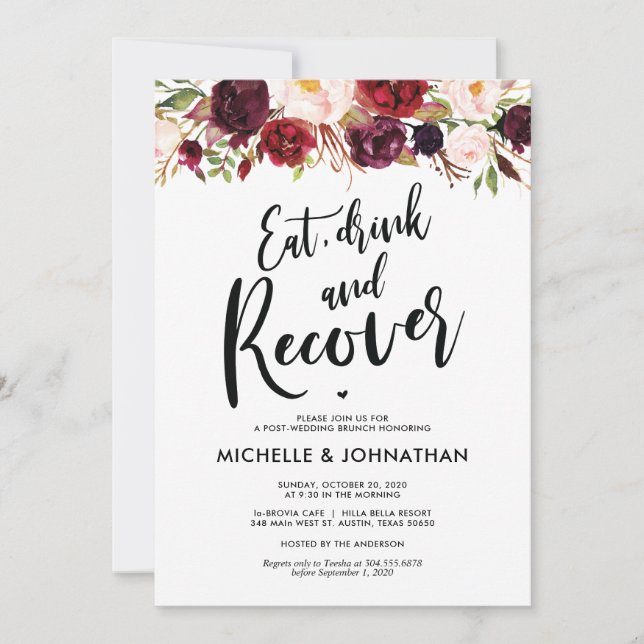Invitación de brunch Boda de Burgundy Floral Post (Anverso)