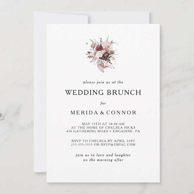 Invitación de brunch Boda floral de Borgoña Boho (Anverso)