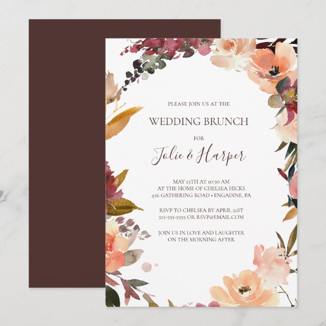 Invitación de brunch Boda floral Naranja de Borgoñ (Anverso / Reverso)