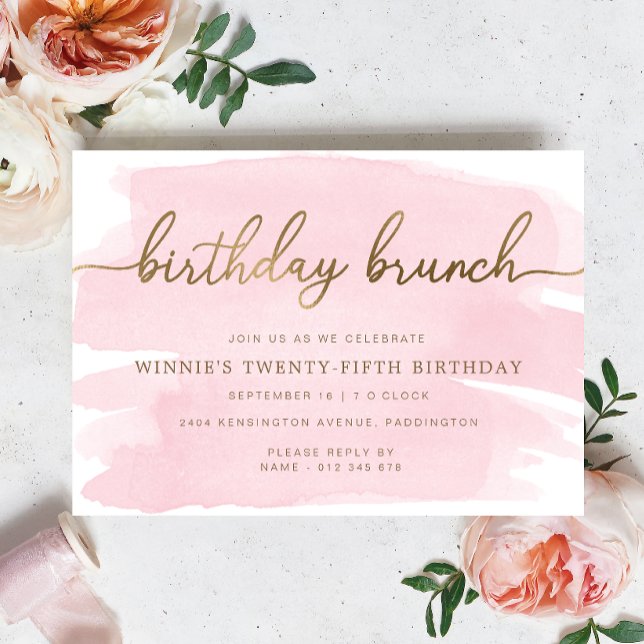 Invitación de brunch con color de agua rosada Gold (Birthday Brunch Invitation prink Watercolour Gold )
