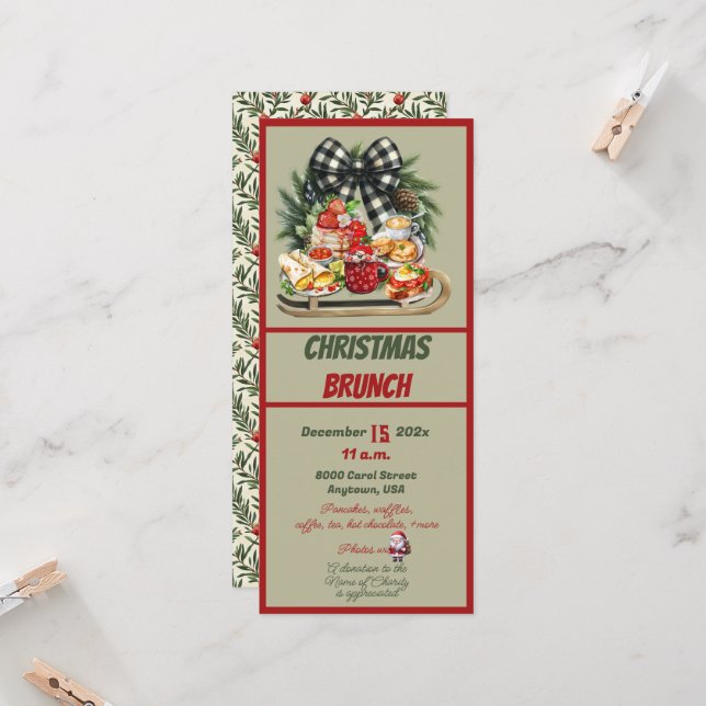 Invitación de Brunch con Diseño Navideño Rojo y Ve (Anverso/Reverso In Situ)