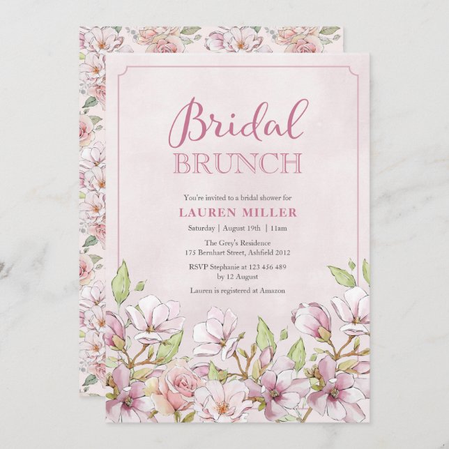 Invitación de brunch con ducha de novia floral ros (Anverso / Reverso)