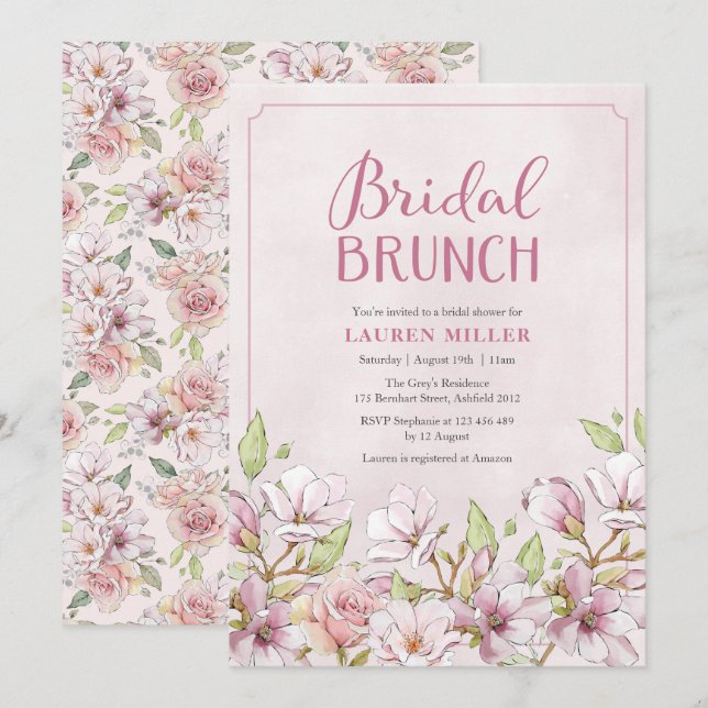 Invitación de brunch con ducha de novia floral ros (Anverso / Reverso)