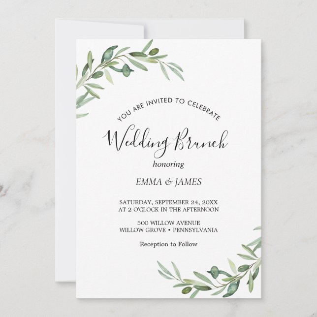 Invitación de brunch de boda con rama de olivo mod (Anverso)