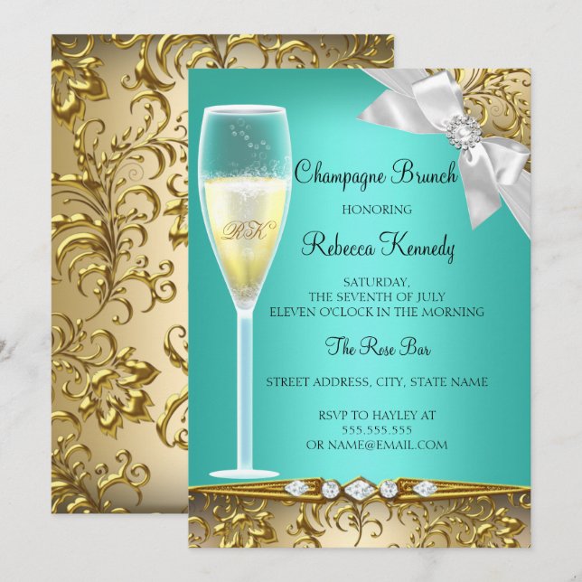 Invitación de Brunch de Champán Dorado Verde Elega (Anverso / Reverso)