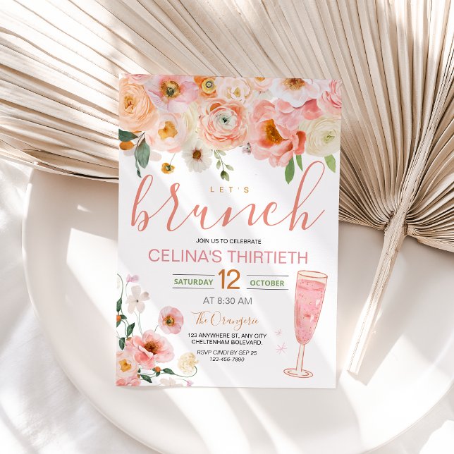 Invitación de Brunch de Cumpleaños con Champán Ros (Watercolor Floral Pink Champagne Birthday Brunch Invitation)