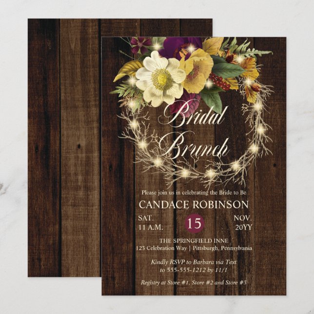 Invitación de brunch de novia con luz de guirnalda (Anverso / Reverso)