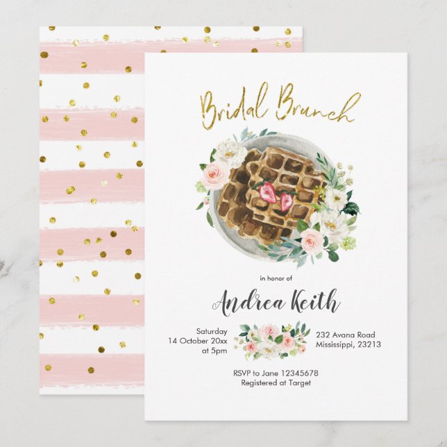 Invitación de brunch de novia con Waffle floral ro (Anverso / Reverso)