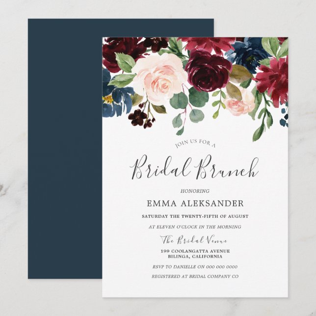 Invitación de brunch de novia floral de vino rojo  (Anverso / Reverso)