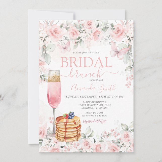 Invitación de brunch de novias a las rosas rosadas (Anverso)