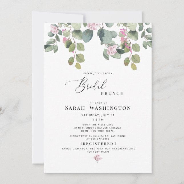 Invitación de brunch de novias con flores rosadas (Anverso)