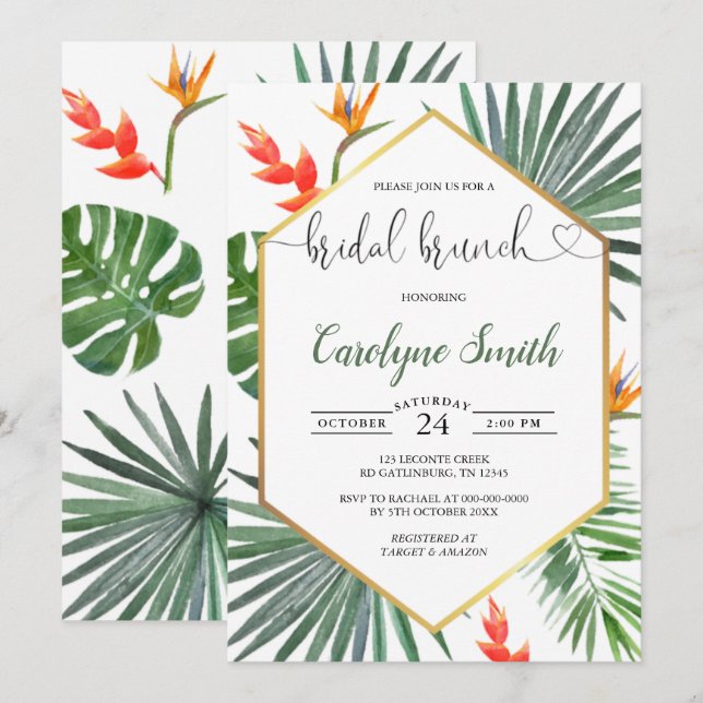 Invitación de brunch de novias con vegetación trop (Anverso / Reverso)