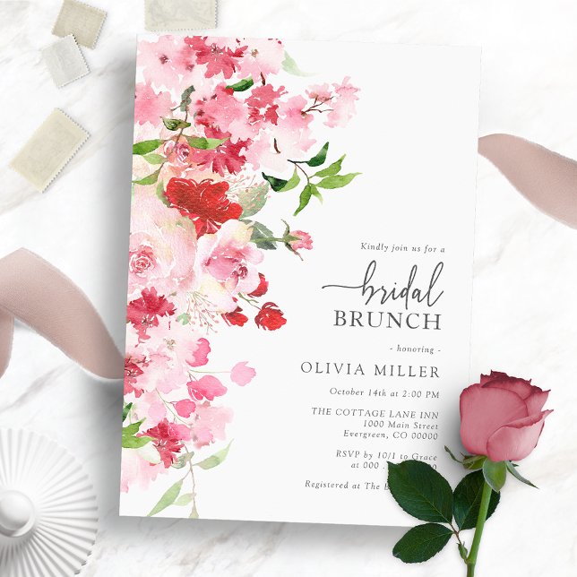 Invitación de brunch de novias rosadas (Red Pink Bridal Brunch Invitation - Watercolor Floral)