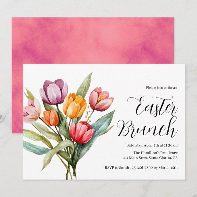 Invitación de brunch de Pascua con tulipanes flora (Anverso / Reverso)