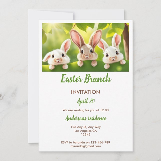 Invitación de Brunch de Pascua de tres conejos (Anverso)