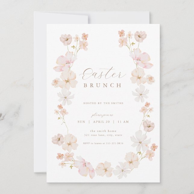 Invitación de brunch de Pascua Pastel Floral Rosa (Anverso)