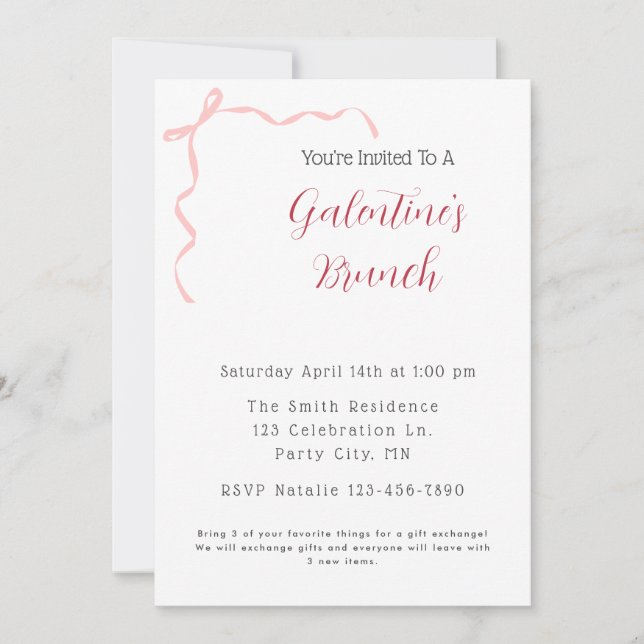 Invitación de brunch de Pink Bow Galentine (Anverso)