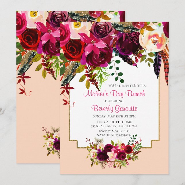 Invitación de brunch del Día de la Madre con acuar (Anverso / Reverso)
