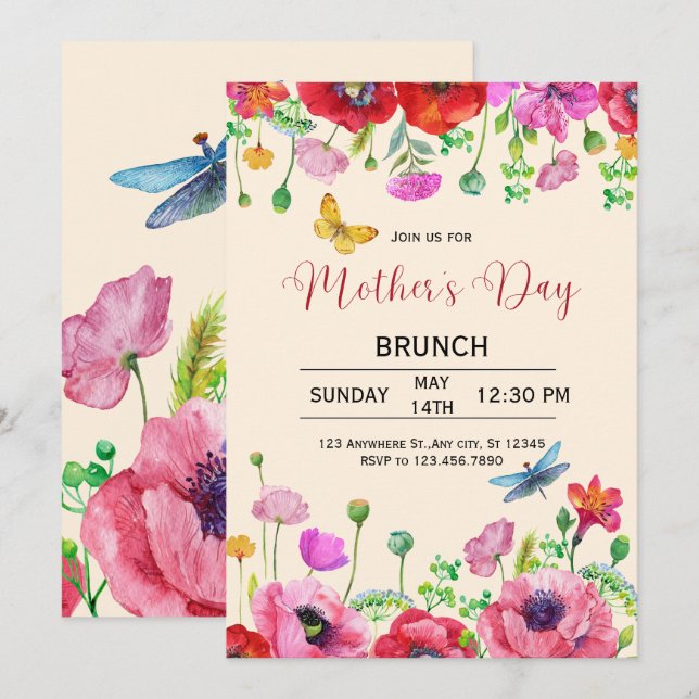 Invitación de brunch del Día de la Madre con acuar (Anverso / Reverso)