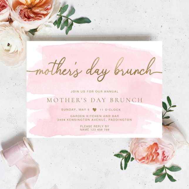 Invitación de brunch del Día de la Madre con acuar (Mothers Day Brunch Invitation pink Watercolour Gold )