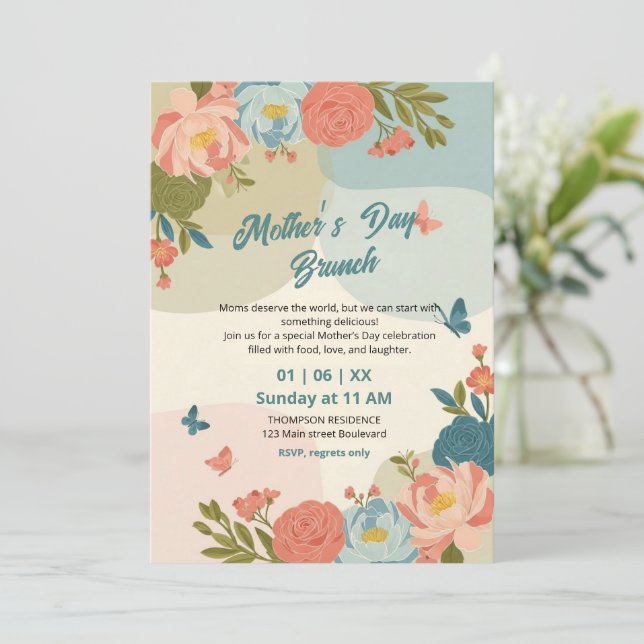 Invitación de Brunch del Día de la Madre con Flor  (Anverso de pie)