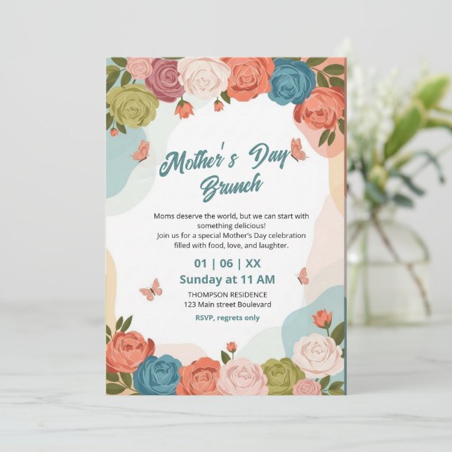 Invitación de Brunch del Día de la Madre con Flor  (Anverso de pie)