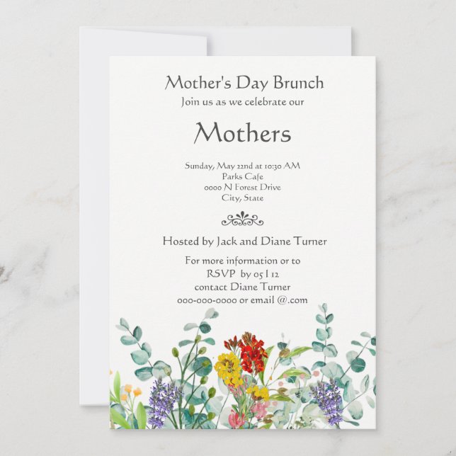 Invitación de brunch del Día de la Madre con flore (Anverso)