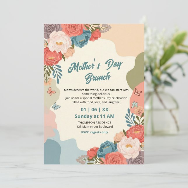 Invitación de brunch del Día de la Madre con flore (Anverso de pie)