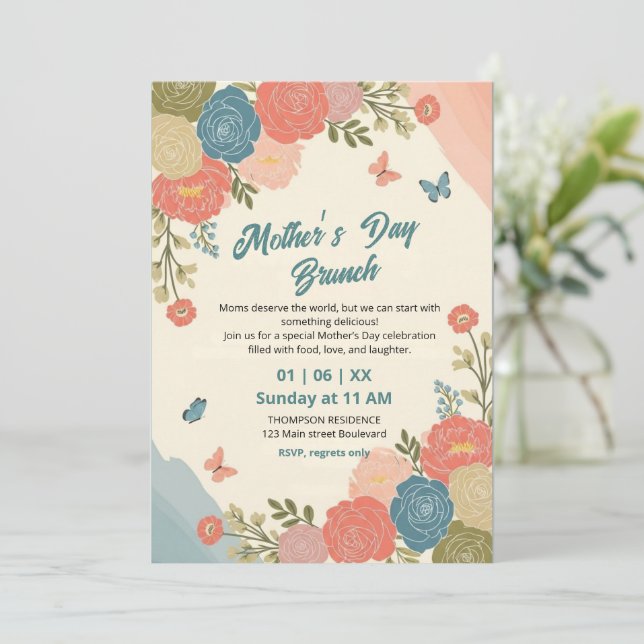 Invitación de brunch del Día de la Madre con flore (Anverso de pie)