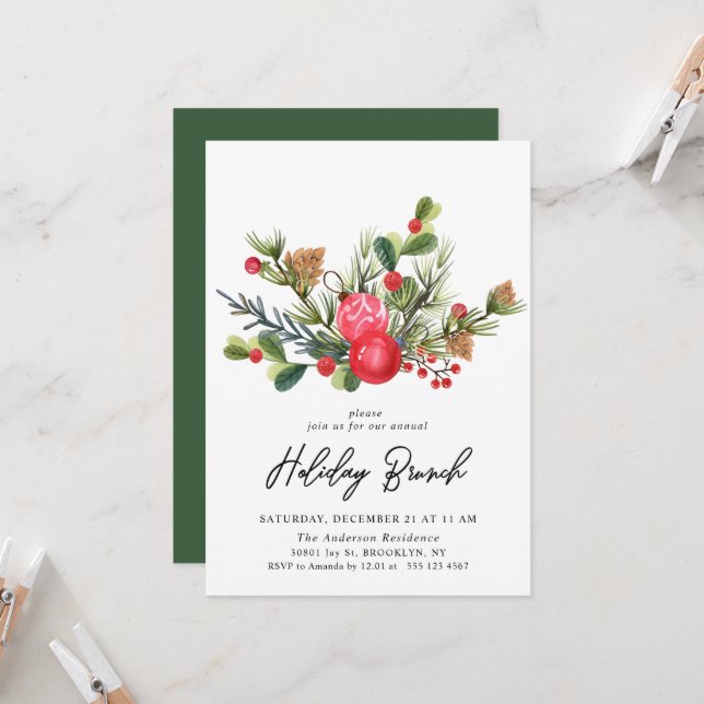 Invitación de brunch festivo para Navidades holly (Anverso/Reverso In Situ)