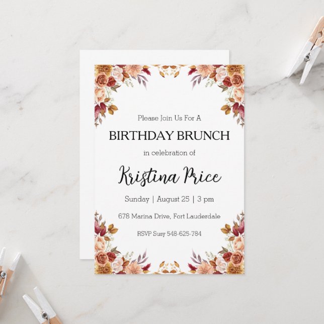 invitación de brunch floral de cumpleaños (Anverso/Reverso In Situ)