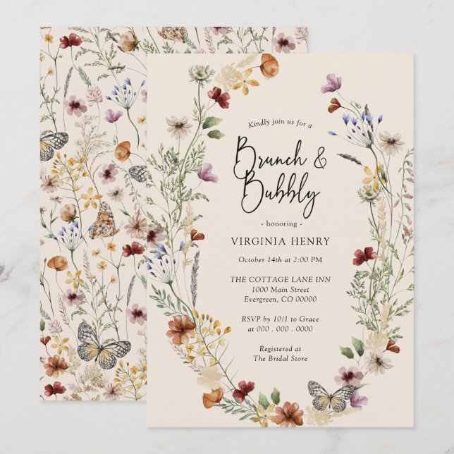 Invitación de Brunch Floral y Burbujeante (Anverso / Reverso)