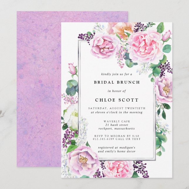 Invitación de brunch marrón Rosa morado rosa (Anverso / Reverso)