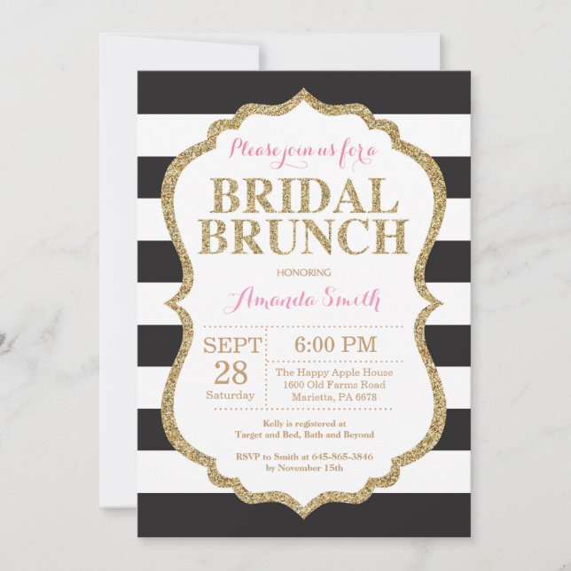 Invitación de brunch negro rosado y dorado (Anverso)