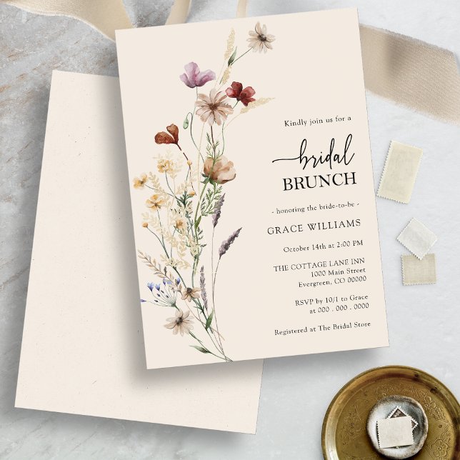 Invitación de Brunch Nupcial Bohemio Floral Elegan (Boho Floral Wildflower Elegant Bridal Brunch Invitation by Painted Paperie)