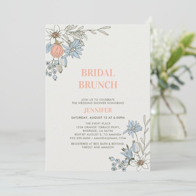 Invitación de brunch nupcial boho primavera azul f (Anverso de pie)