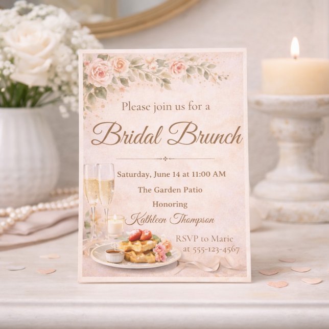 Invitación de Brunch Nupcial con Champán (Garden bridal brunch with champagne, waffles, and soft floral accents)