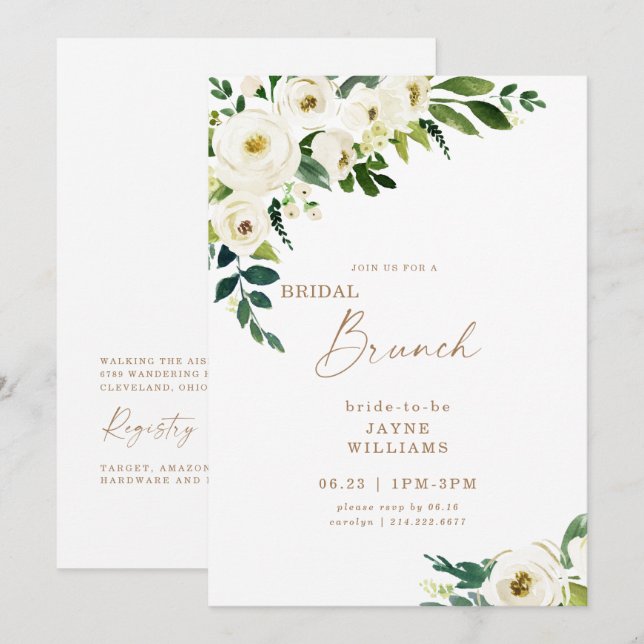 Invitación de Brunch Nupcial con Floral Blanco (Anverso / Reverso)