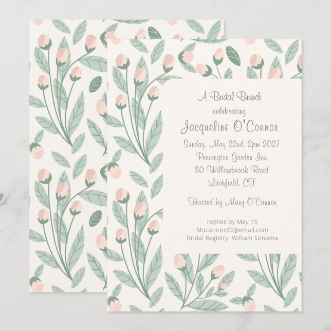 Invitación de brunch nupcial con flores rosadas so (Anverso / Reverso)