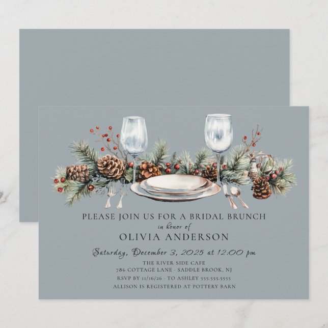 Invitación de Brunch Nupcial de Pino Invernal (Anverso / Reverso)
