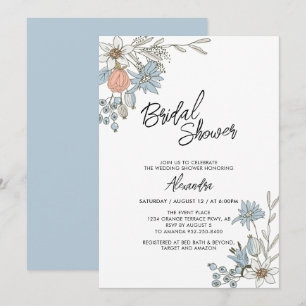 Invitación de brunch nupcial floral azul boho de p