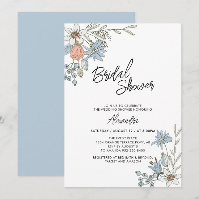Invitación de brunch nupcial floral azul boho de p (Anverso / Reverso)