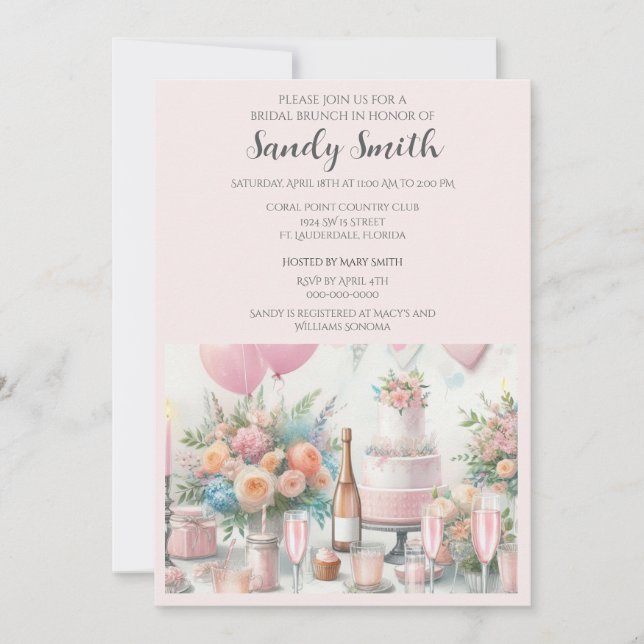 Invitación de Brunch Nupcial Rosa Chic (Anverso)