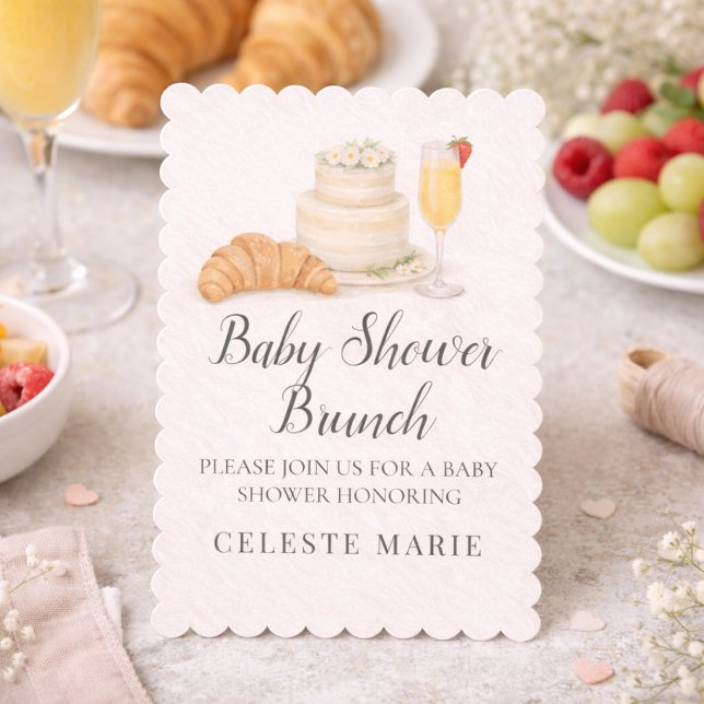 Invitación de Brunch para Baby Shower (Soft beige brunch baby shower with cake, croissant, and mimosa detail)