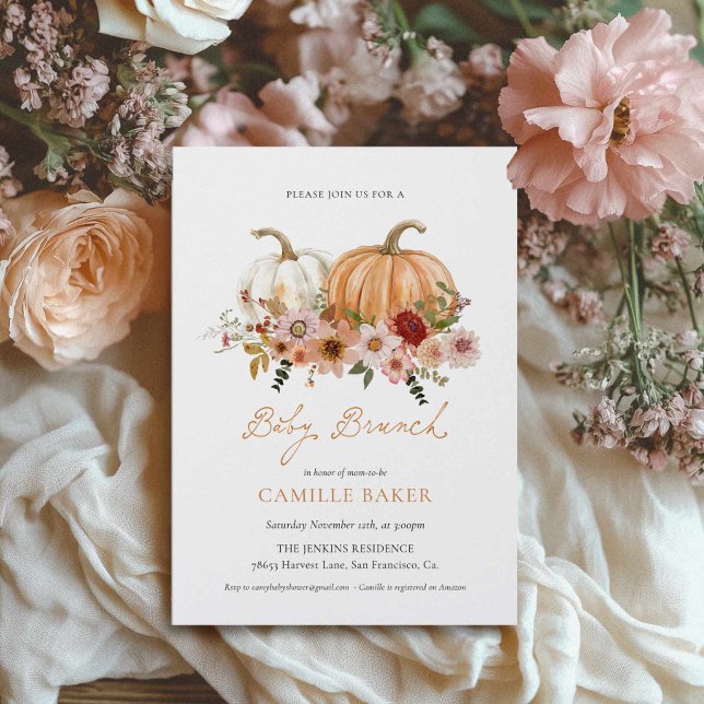Invitación de Brunch para Baby Shower de Otoño con (Fall Pumpkin Baby Brunch Invitation)