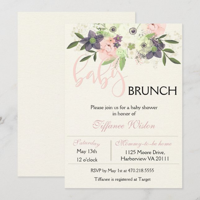 Invitación de Brunch para Baby Shower Floral Rosa  (Anverso / Reverso)